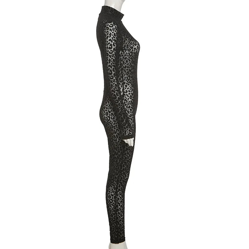 Shestyle Leopard Transparent Jumpsuits Women Skinny Back Zip Mock Neck Black Sexy 2021 Hot Animal Print Slim Clubwear Fitness