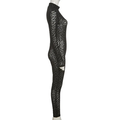 Shestyle Leopard Transparent Jumpsuits Women Skinny Back Zip Mock Neck Black Sexy 2021 Hot Animal Print Slim Clubwear Fitness