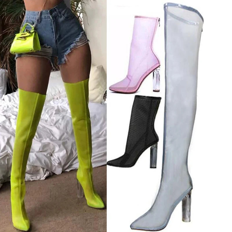 New Mesh Neon Green Sandal Boots Women Sexy Over The Knee Boots Pointed Toe High Heels Party Shoes Woman Thigh High Boots