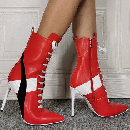 BERZIMER Women Ankle Boots Side Zip Patchwork Lace Up High Heels Booties Zapatos Mujer Ladies Shoes Woman Big Size 43 45 46 47