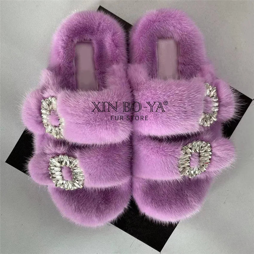 Winter Fur Slippers Women 2024 Flat Real Fur Mink Slippers Warm Soft Indoor Women Fur Slippers Luxury Designer Female Shoes
