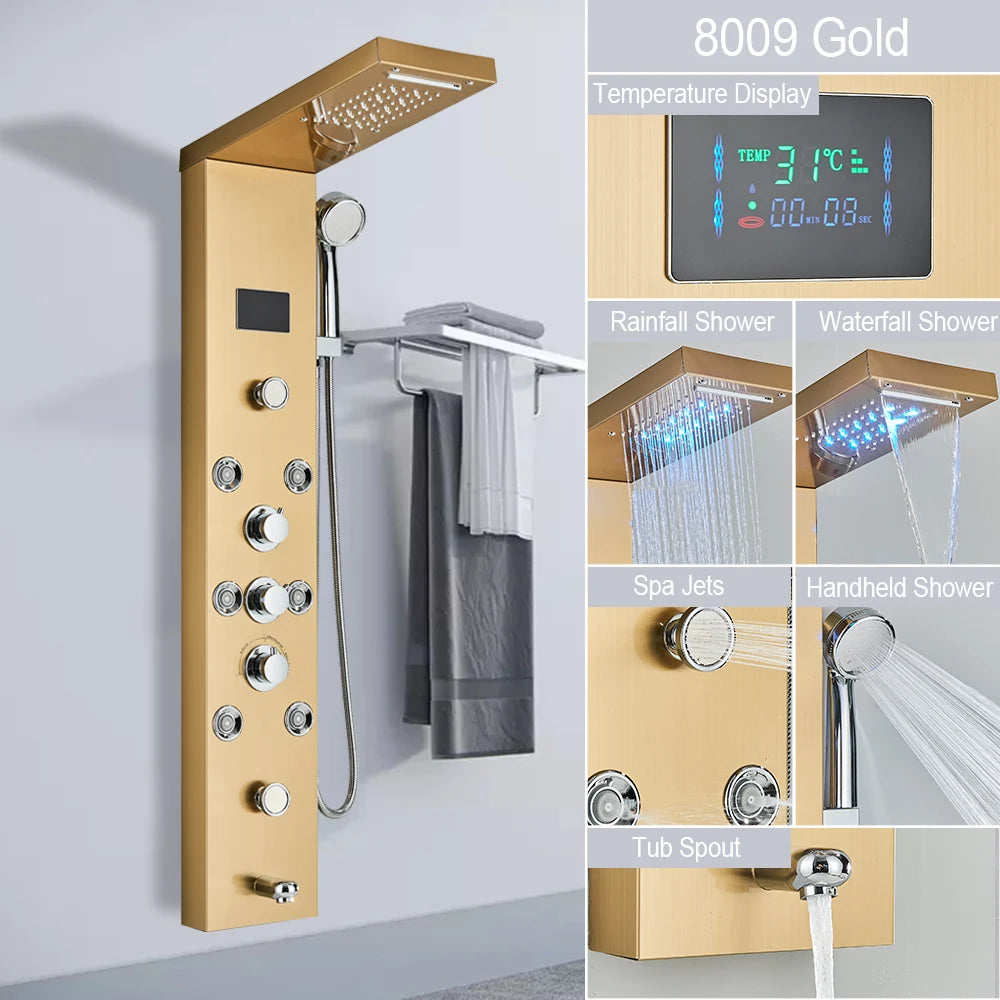 LED Light Shower Panel Waterfall Rain Digital Display Shower Faucet Set SPA Massage Jet Bathroom Column Mixer Tap Tower System