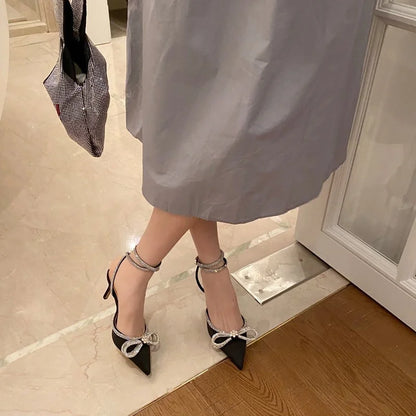2026 New Fashion Glitter Rhinestones Women Pumps Crystal Bowknot Silk Pointed Toe Buckle Strap Thin High Heels Party Prom Shoes