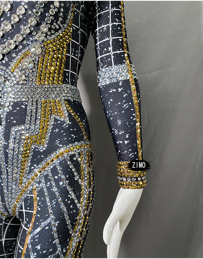 fashion Rhinestones Jumpsuit Crystal Pearl sexy Women Jumpsuits spandex party Nightclub birthday Pole Dance Singer Stage Costume