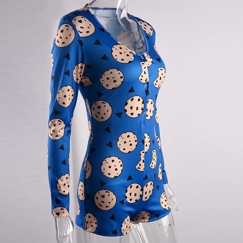 Cartoon Cookies Printed Women Sexy Oneies Bodycon Jumpsuit Romper Long Sleeve HomeWear Tracksuit Playsuit Pajama Onesies