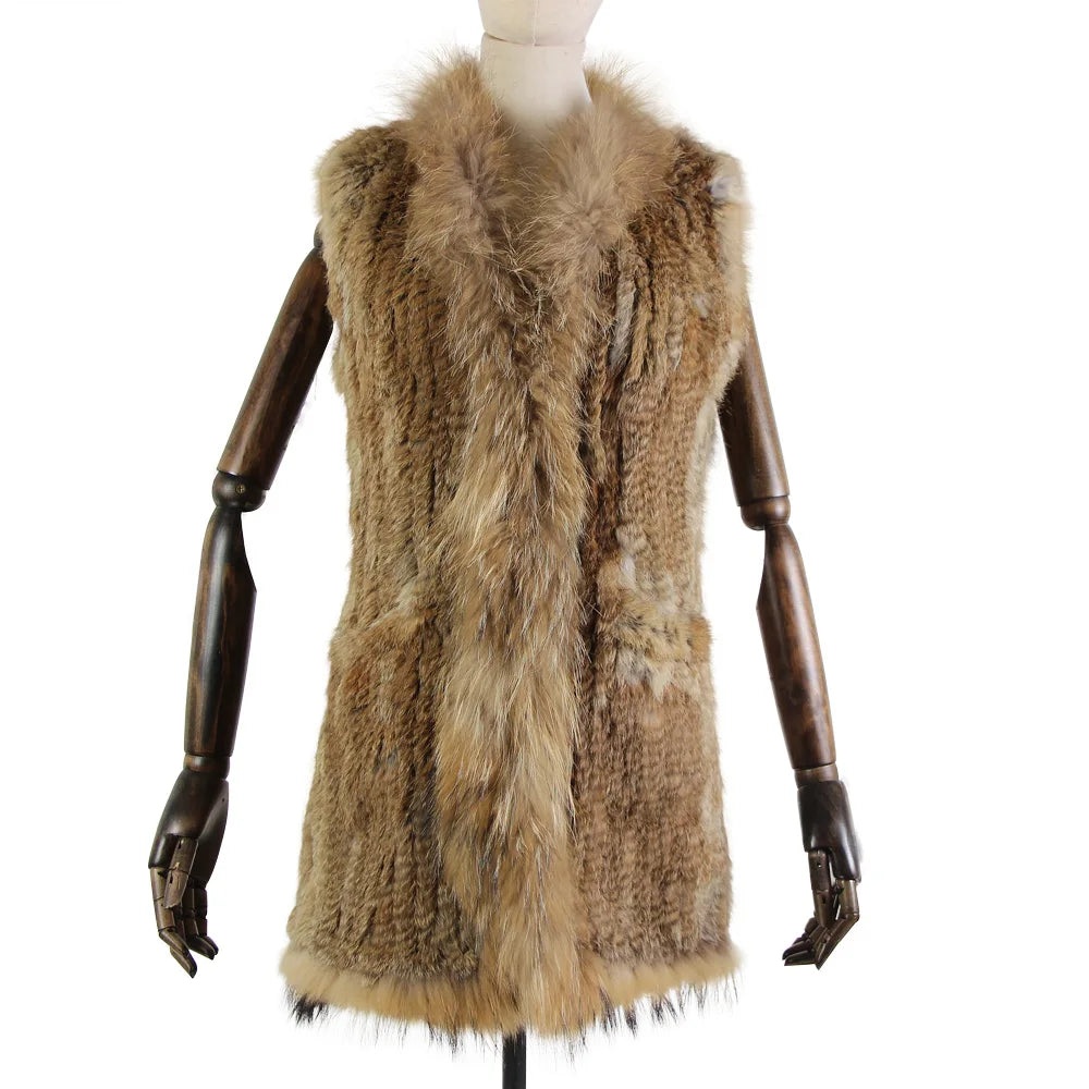 new fashion rabbit fur vest knit rabbit vest 80cm long style for women raccoon fur collar trim fur waistcoat pocket decoration