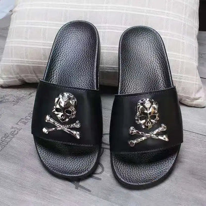 Summer Fashion Men's Leather Slippers Couple Beach Shoes Skull Sandals Slippers Antiskid Open Toe Flip Flops Big Size Slides