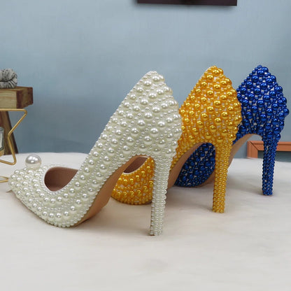 BaoYaFang White Beads Pearl Women Wedding Shoes Bride High Heels Shoes Ladies Super Big Size Party Dress Shoes Woman Pointed Toe