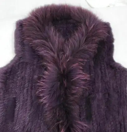 new fashion rabbit fur vest knit rabbit vest 80cm long style for women raccoon fur collar trim fur waistcoat pocket decoration