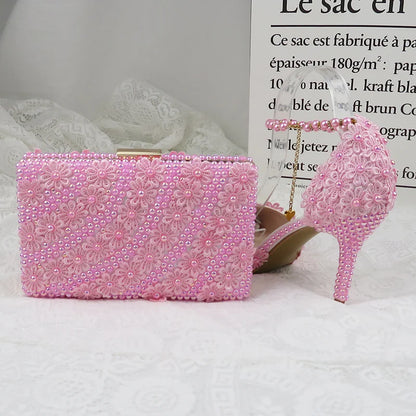 AB Pink Pearl Flower Wedding Shoes With Matching Bags High Heels Pointed Toe Ankle Strap Ladies Party Shoe and Bag Set