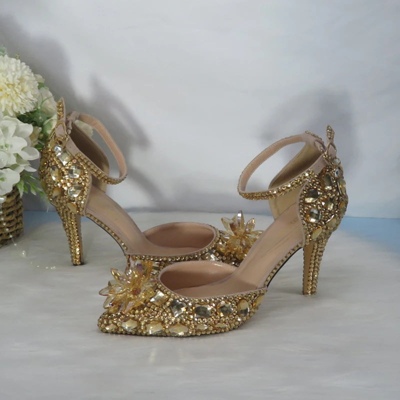 Customized Champagne Golden crystal women Wedding shoes Rhinestone high heels ankle strap shoes women party dress shoes