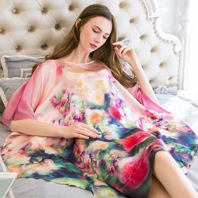 100% Mulberry Silk Nightgowns For Women  Long   Silk Nightdress  Real Silk sleepwear  Ladies Female   Gift Loose Large Free size