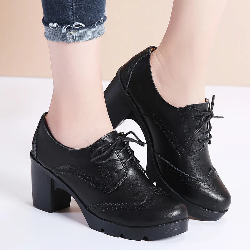 EOFK Women Brogue Shoes New Quaity High Square Heel Derby Genuine Leather High Heels Wedge Shoes Woman Female Shoes Pumps Casual