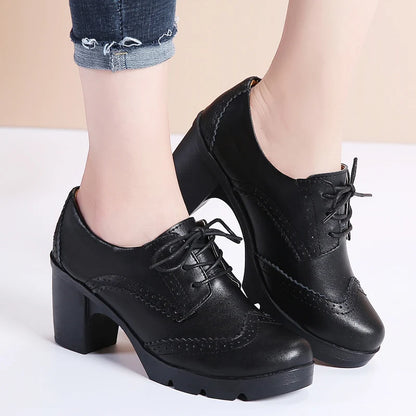 EOFK Women Brogue Shoes New Quaity High Square Heel Derby Genuine Leather High Heels Wedge Shoes Woman Female Shoes Pumps Casual