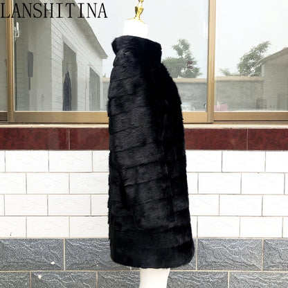 2021 Russian Woman 100% Real Mink Fur Coat Genuine Leather Coat Winter Warm Natural Fur Jacket Long Sleeve Stand-up Collar