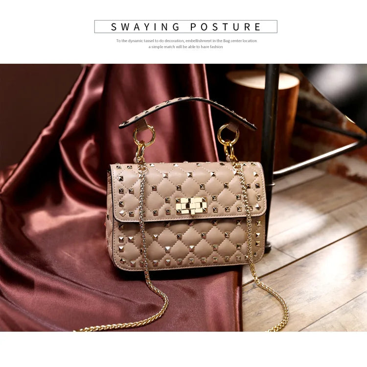 2026 New Fashion Women Sheepskin Leather Rivet Handbags Chain Bag Designer Shoulder Bags Luxury Woman Messenger Bags