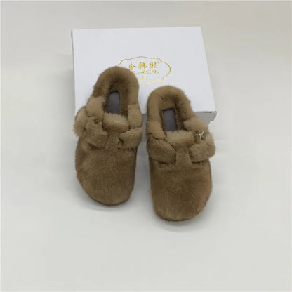 Female Luxury Real Mink Fur Slippers, Women's Clogs, Slip-on Casual Winter Shoes, Mules Shoes Women Luxury Designer Mink Slipper