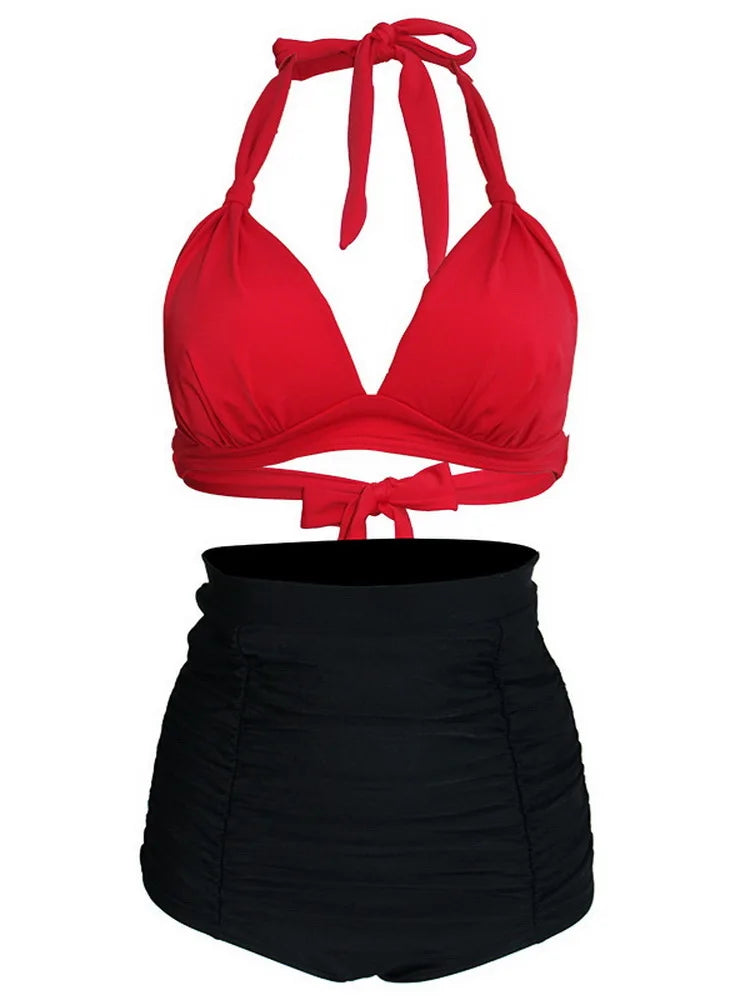 Pleated Bikini Red Top Navy Blue With White Dots Bottom Women Classic High Waist Halter Bikini Sets Plus Size Two-piece Swimwear