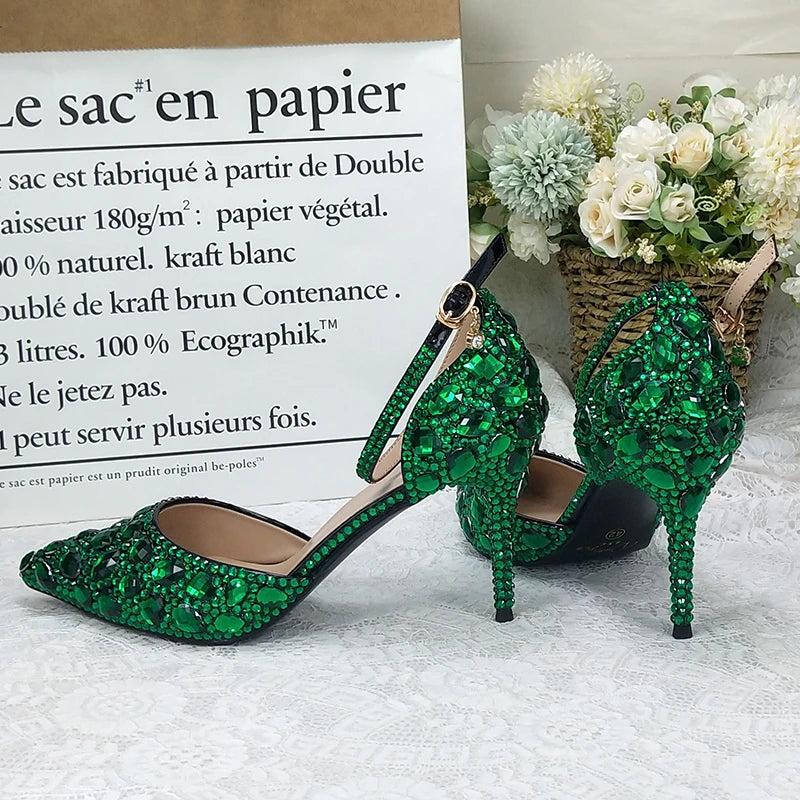 BaoYaFang 2022 NEW ARRIVE Green Crystal Wedding Shoes Woman Thin Heel Pointed Toe Bridal Party Dress Shoe Big Size High Pumps