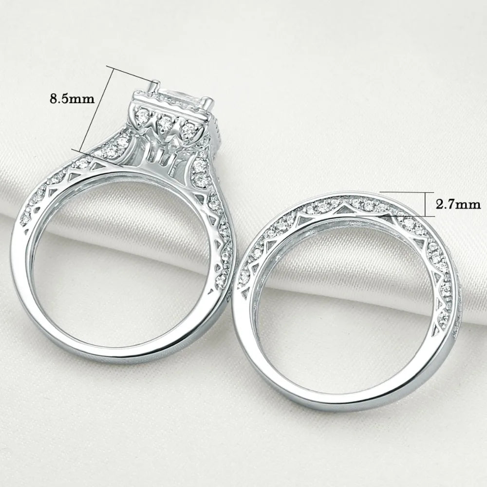 Newshe 2Pcs Genuine 925 Sterling Silver Moissanite /AAAAA Zircons Wedding Ring Set Halo Princess Cut Engagement Rings for Women