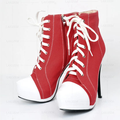 LAIGZEM Canvas Botines Mujer Women Platform Booties High Heel Side Zip Short Ankle Boots Shoes Woman Ladies Large Size 34 42 452