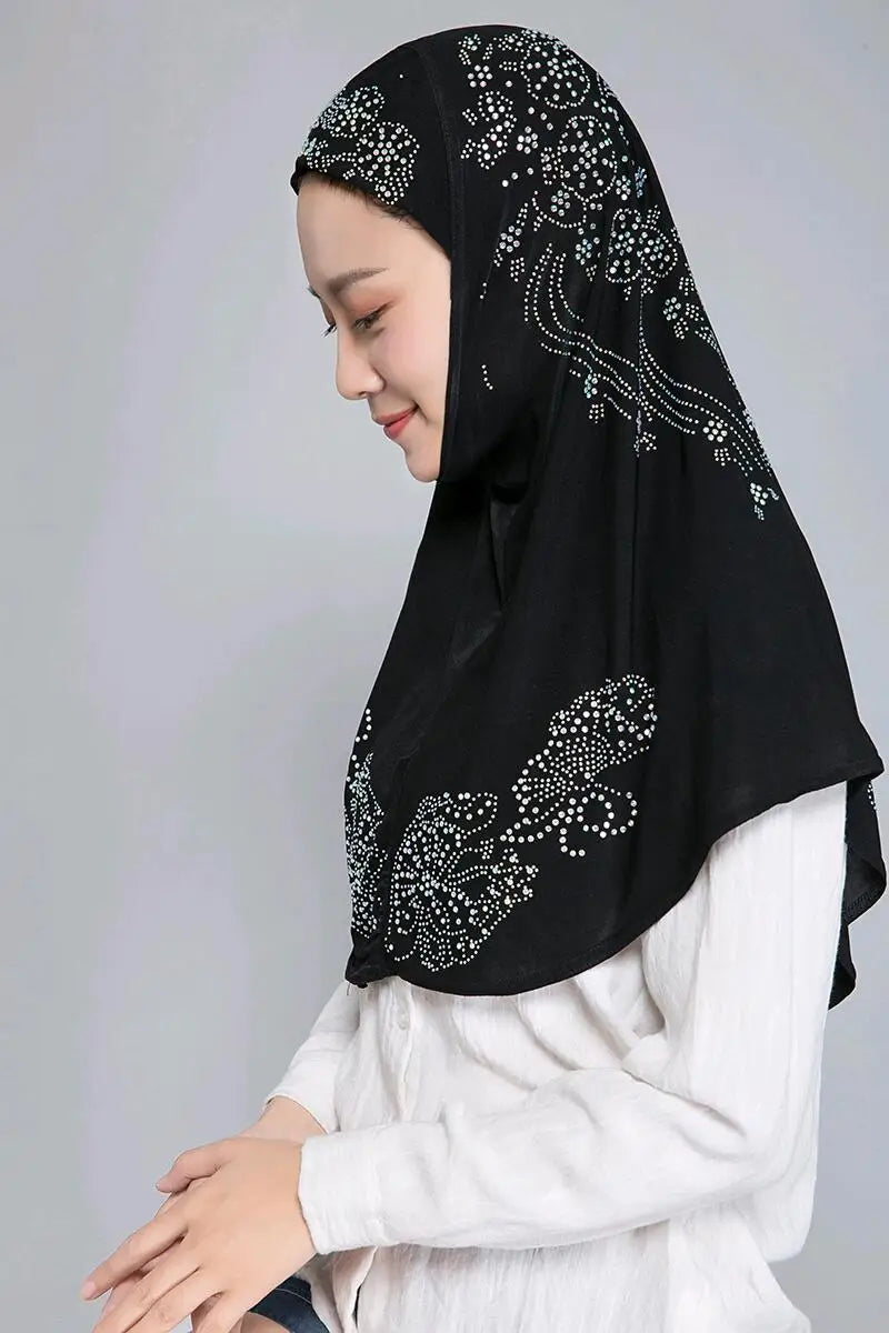 H006 Adults or big gilrs good size muslim hijab scarf with rhinestones islamic headscarf hat armia pull on headwrap ramadan gift