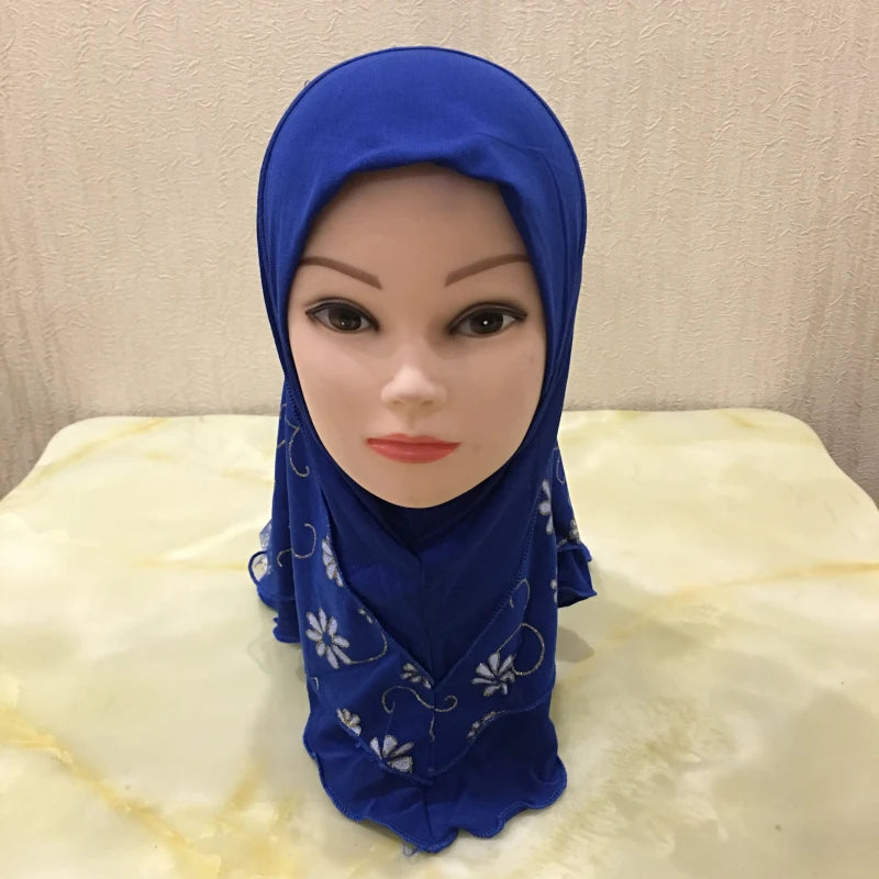H043 beautiful small girl hijab with flower net cute hijab hats women's caps can fit 2-6 years old girls muslim baby headscarf