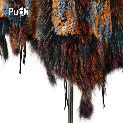 CK708 Real Knitted Rabbit Shawl Poncho Stole With Tassels Shrug Cape Robe Tippet Wrap With Raccoon Fur Collar Women