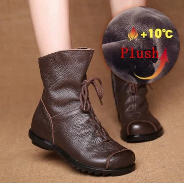 JIANBUDAN/ Genuine Leather Plush Women's Short Boots Retro Casual Autumn Winter Women's Boots Waterproof Leather Warm Snow Boots