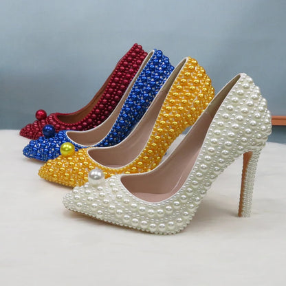 BaoYaFang White Beads Pearl Women Wedding Shoes Bride High Heels Shoes Ladies Super Big Size Party Dress Shoes Woman Pointed Toe