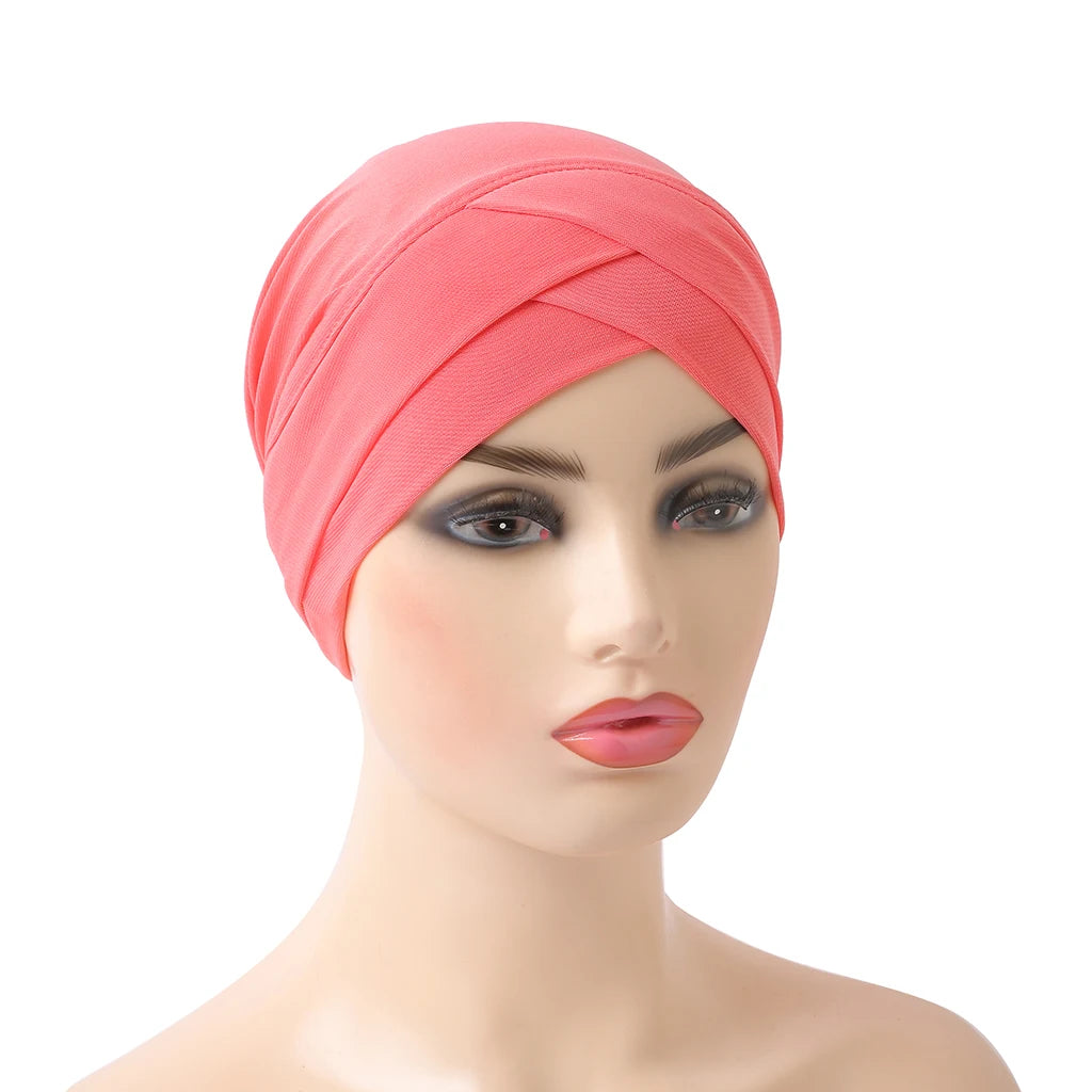 H117 Forehead criss Cross Muslim Turban Pure Color Stretch Inner Hijabs For Caps Ready To Wear Women Head Scarf Under Bonnet