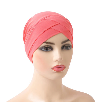 H117 Forehead criss Cross Muslim Turban Pure Color Stretch Inner Hijabs For Caps Ready To Wear Women Head Scarf Under Bonnet