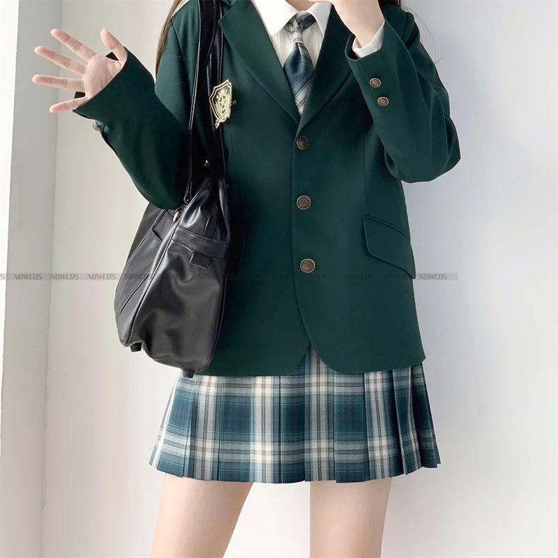2024 Fashion Spring Autumn JK Uniform Jacket Three Buttons Suit Jacket College Style Female Student Suit Long Sleeves Green
