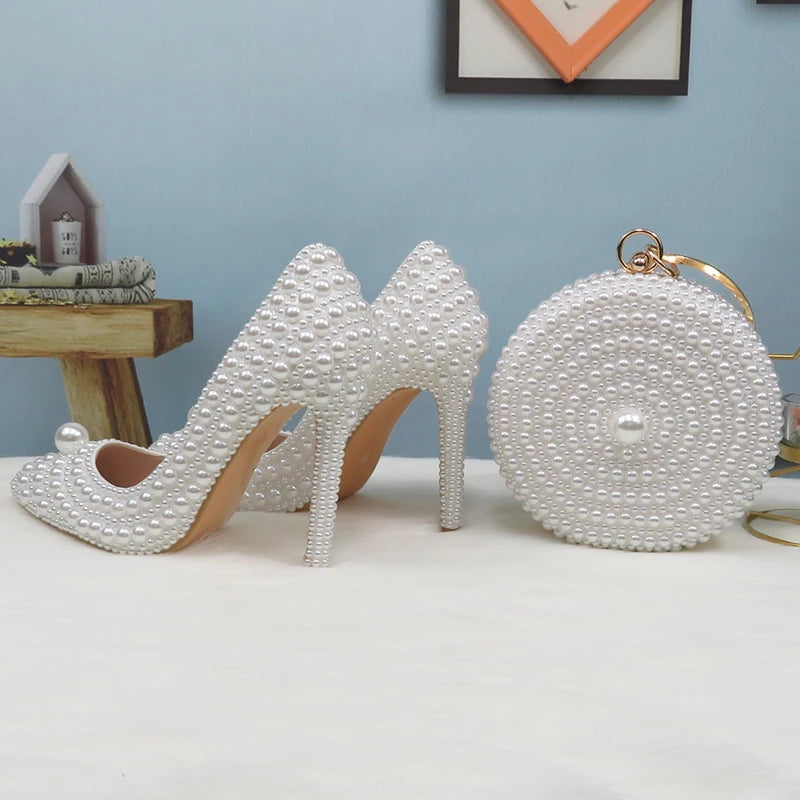 BaoYaFang White Beads Pearl Women Wedding Shoes Bride High Heels Shoes Ladies Super Big Size Party Dress Shoes Woman Pointed Toe
