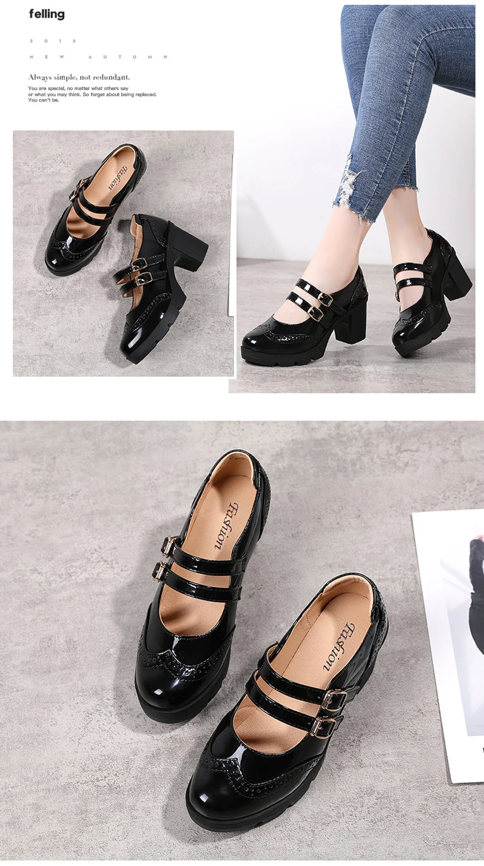 EOFK Women Pumps Shoes Genuine Leather New Mary Jane High Heels Shinny Patent Woman Ladies Shoes Pumps Brogue High Square Heel