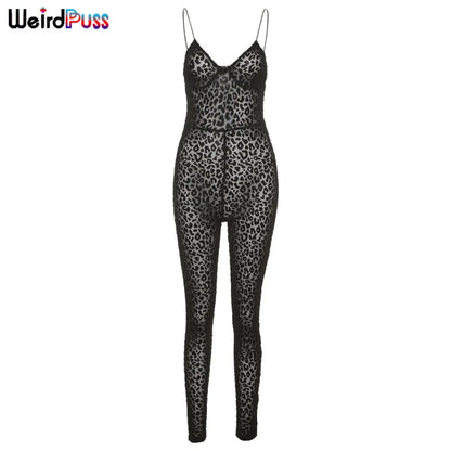 Weird Puss Leopard Print Sexy Skinny Women Jumpsuit Sleeveless Backless Fit Workout Activewear Party Nightclub Stretch Outfits