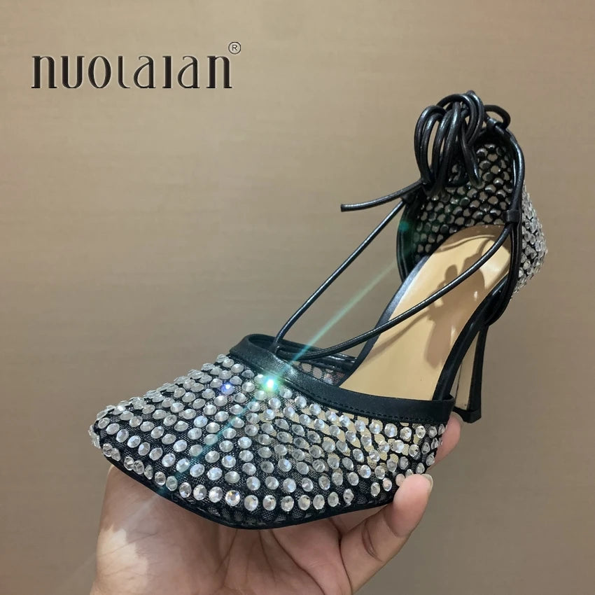 Fashion Green Rhinestone Women Pumps Sandals Female Square Toe high heels Lace Up Cross-tied Stiletto hollow Party Shoes Woman