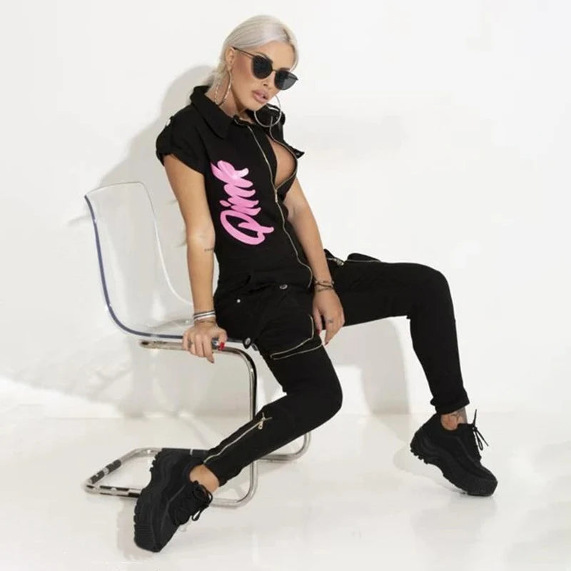 Oshoplive Female Summer Short Sleeves Zipper Jumpsuits For Women 2024 New Fashion Letter Printed Casual High Street Jump Suits