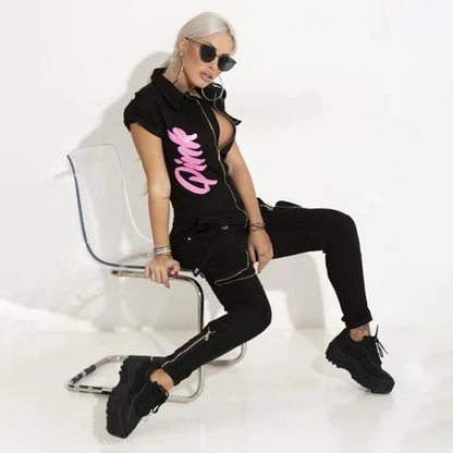 Oshoplive Female Summer Short Sleeves Zipper Jumpsuits For Women 2024 New Fashion Letter Printed Casual High Street Jump Suits