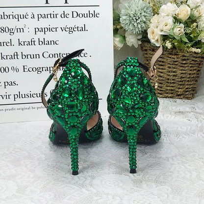 BaoYaFang 2022 NEW ARRIVE Green Crystal Wedding Shoes Woman Thin Heel Pointed Toe Bridal Party Dress Shoe Big Size High Pumps