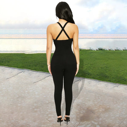 Sexy Cleavage Jumpsuits Women Classic Simple Casual Sporty Wear Sleeveless V-Neck Back Criss Cross Active Casualwear