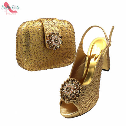 Buckle Strap Sandals Nigerian Women Shoes and Bag Set in Yellow Color with Shinning Crystal Italian Lady Shoes and Bag for Party