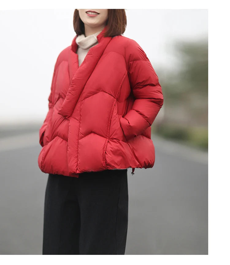 Schinteon Women Japanese Style Jacket Over Size White Duck Down Coat Loose Warm Autumn Winter Casual Outwear Top Quality
