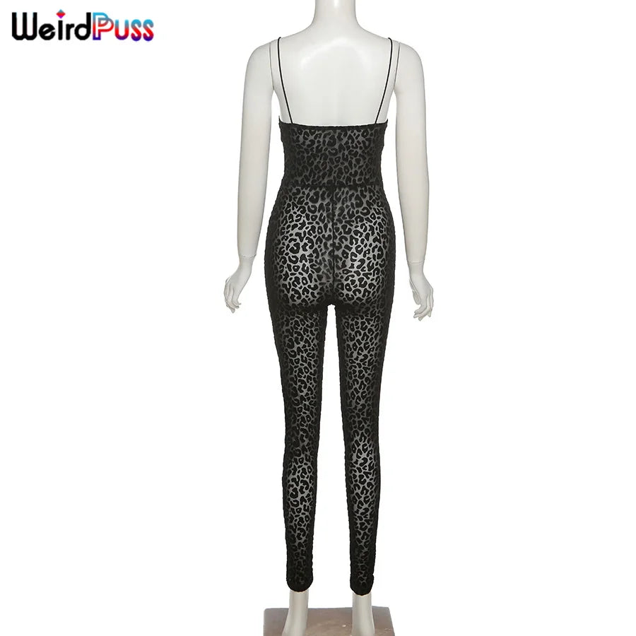 Weird Puss Leopard Print Sexy Skinny Women Jumpsuit Sleeveless Backless Fit Workout Activewear Party Nightclub Stretch Outfits