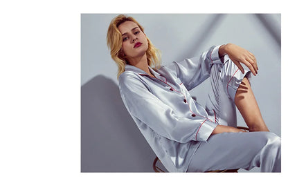 6A Factory Brand 100% Mulberry Silk Pajamas Women Set Summer Autumn Spring Winter Long-sleeved Two-piece Set Silk Sleepwear Gray