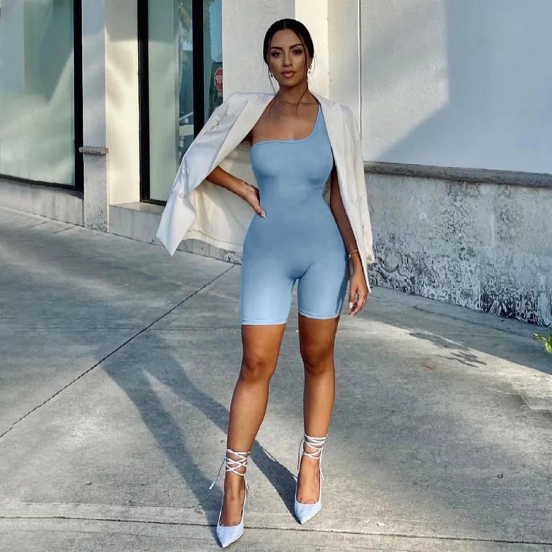 Sleeveless Playsuit Solid Color Rompers Women Jumpsuit Single Shoulder Bodysuits Yoga Fitness Sports One-pieces Short Overalls