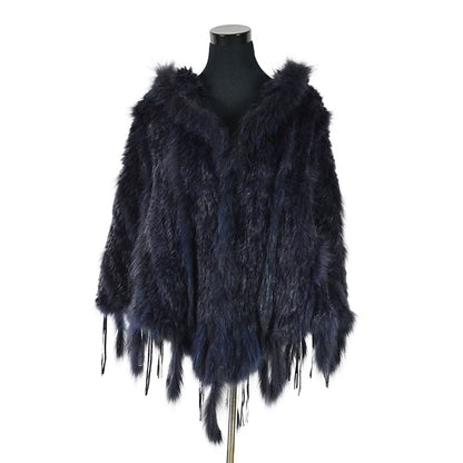 CK708 Real Knitted Rabbit Shawl Poncho Stole With Tassels Shrug Cape Robe Tippet Wrap With Raccoon Fur Collar Women