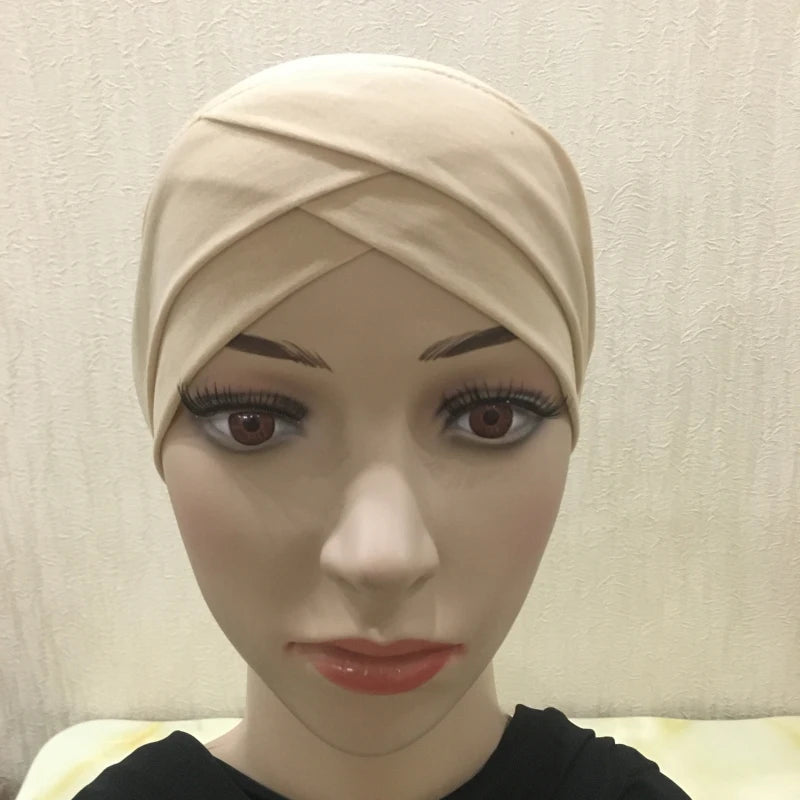 H117 Forehead criss Cross Muslim Turban Pure Color Stretch Inner Hijabs For Caps Ready To Wear Women Head Scarf Under Bonnet
