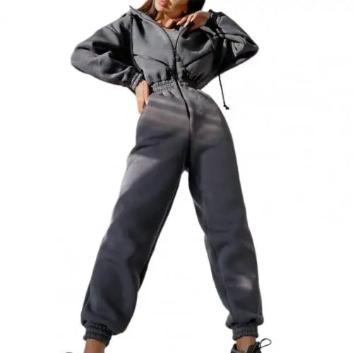 Warm Winter Women Hooded Playsuit Solid Color Thick Tight Waist Rompers Casual Women Hoodie Jumpsuit Overalls combinaison femme