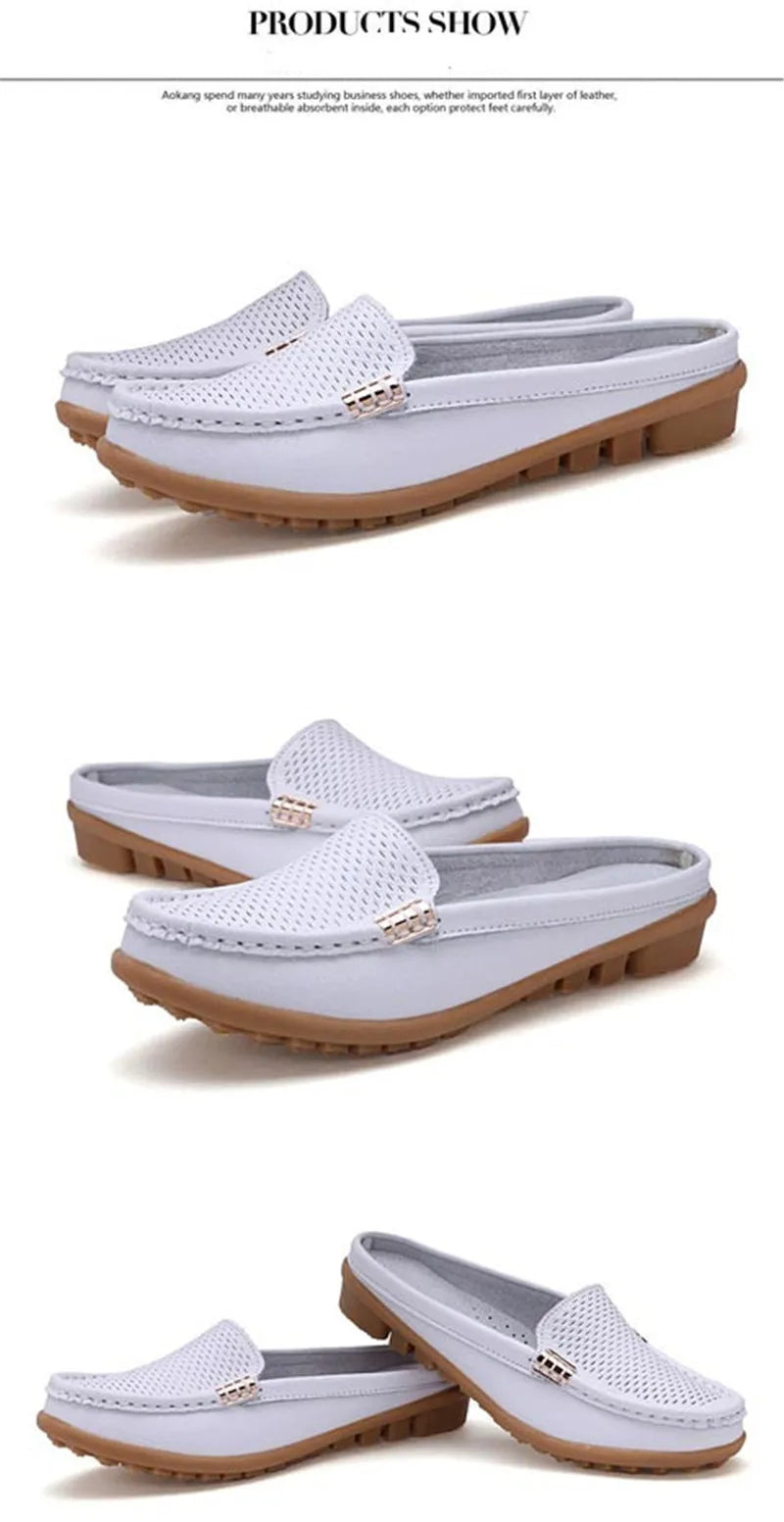 Women Casual Shoes Hollow Out Lady Half Lofers Genuine Leather Flats Moccasins Women Luxury Brand Half Slippers Zapatillas Mujer
